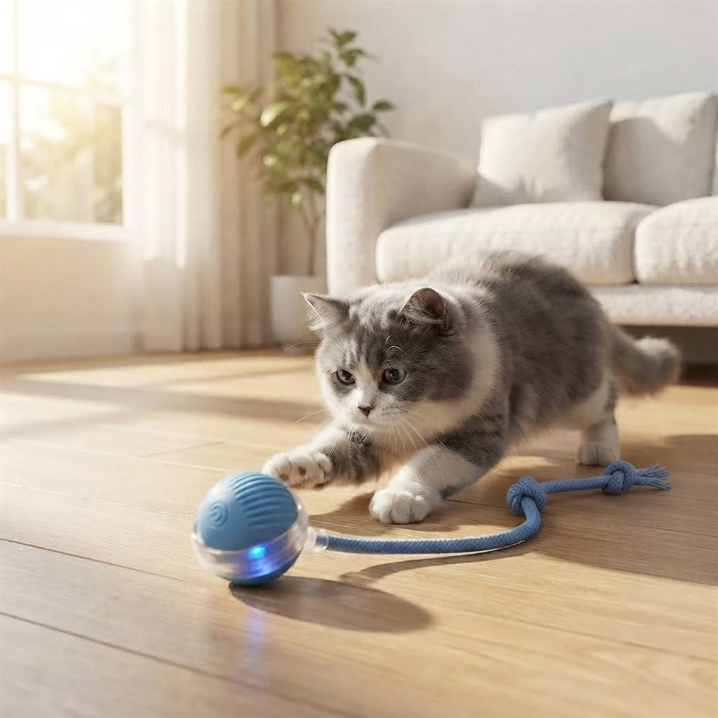 Katt som leker med blå PawMotion boll