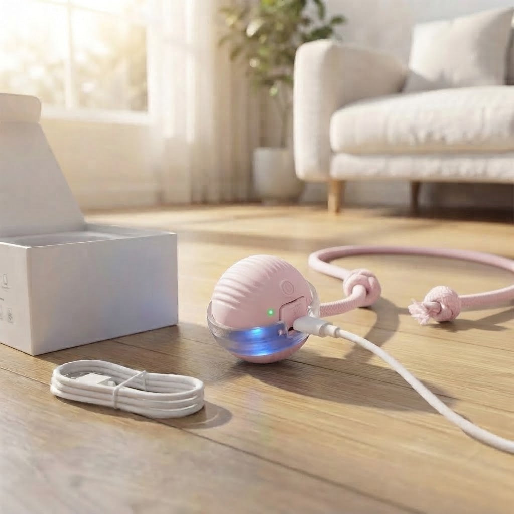 Rosa PawMotion boll med laddkabel och förpackning